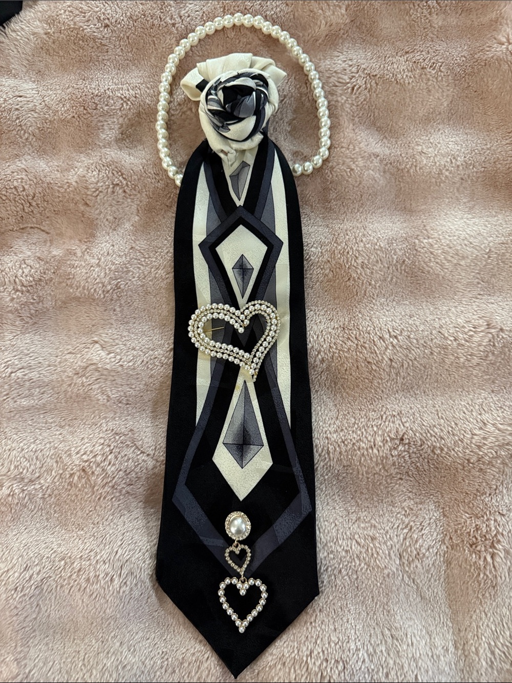 Pearl & Rhinestone Black and Cream Scarf Necklace